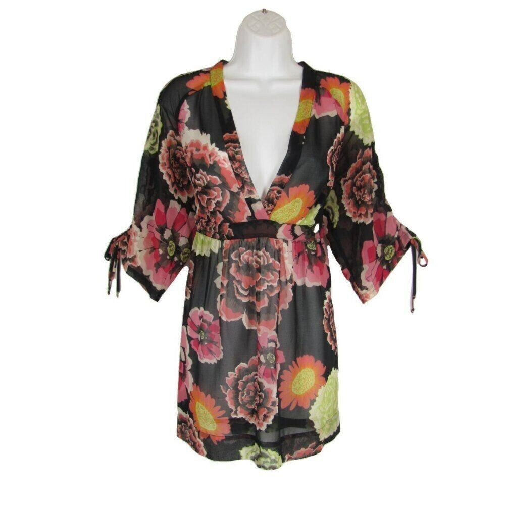 CAbi S Tunic Top Blouse Black Pink Bold Floral Deep V Neck 3/4 Sleeve Style 400 - Picture 5 of 7